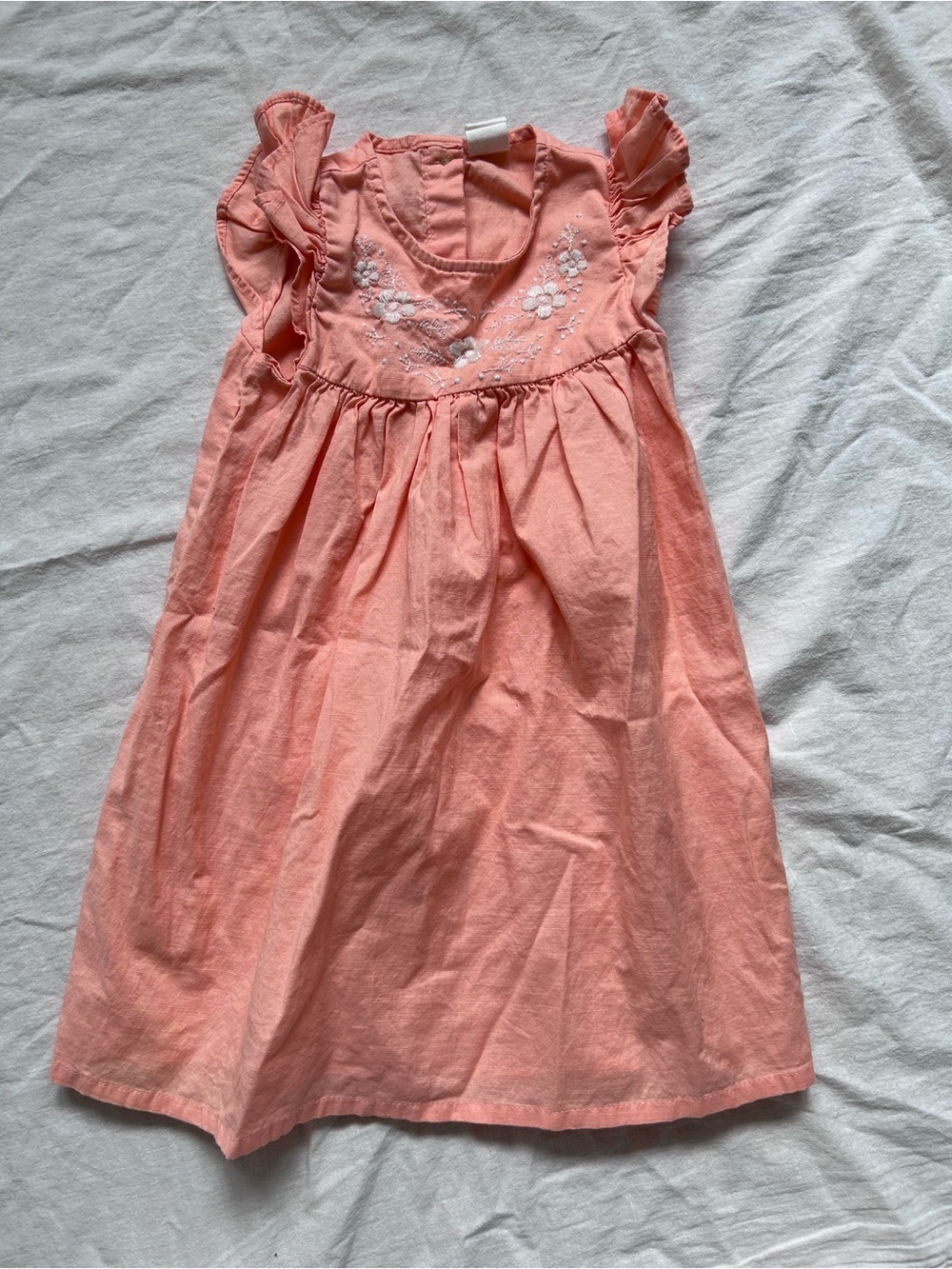 H&M Coral Pink Flutter Sleeve Dress with White Floral Embroidery